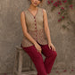 Sophisticated beige waist coat top showcasing refined leaf block print motifs, a polished button-down front, and elegant red piping for artisanal style.