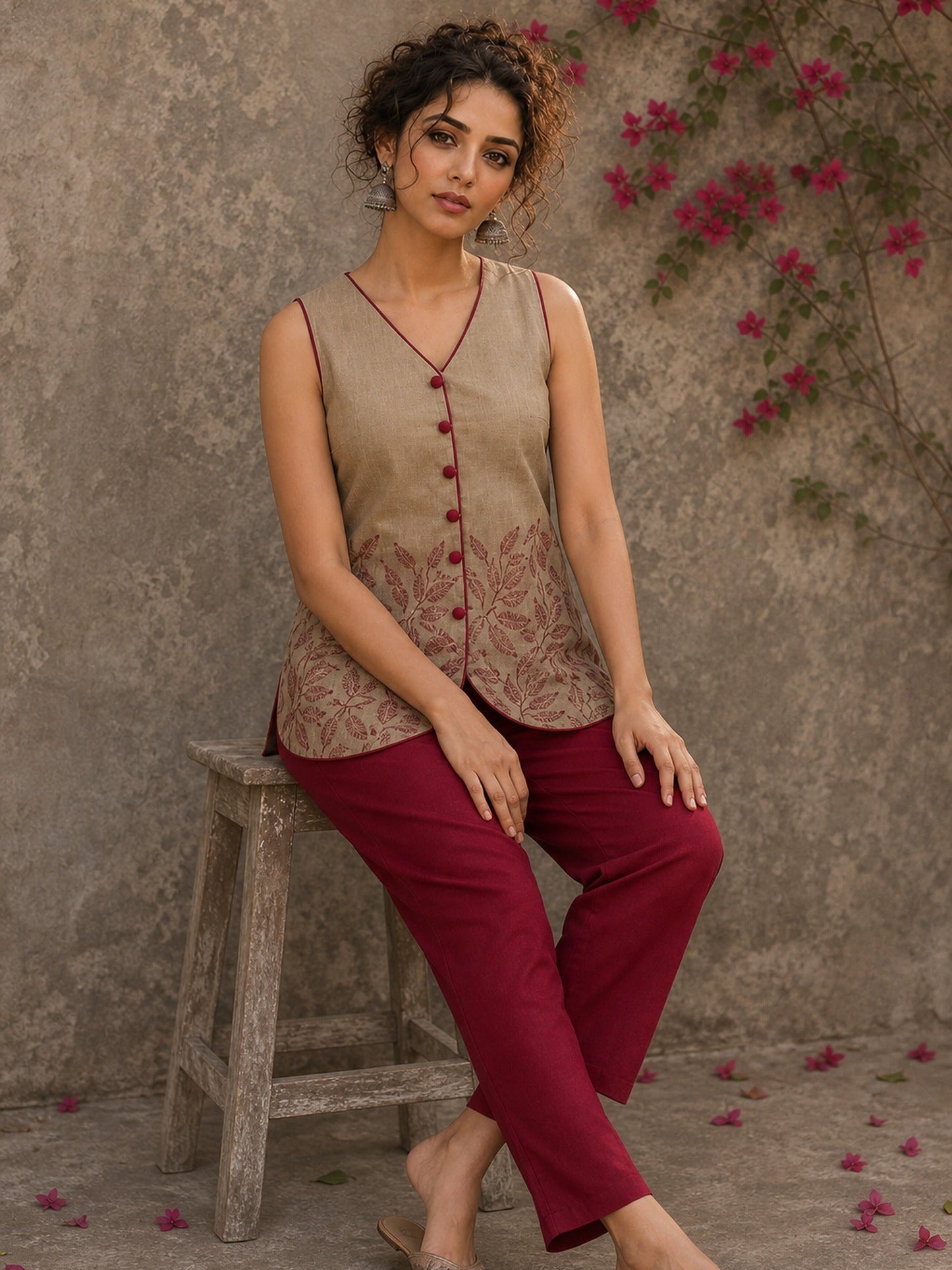 Sophisticated beige waist coat top showcasing refined leaf block print motifs, a polished button-down front, and elegant red piping for artisanal style.