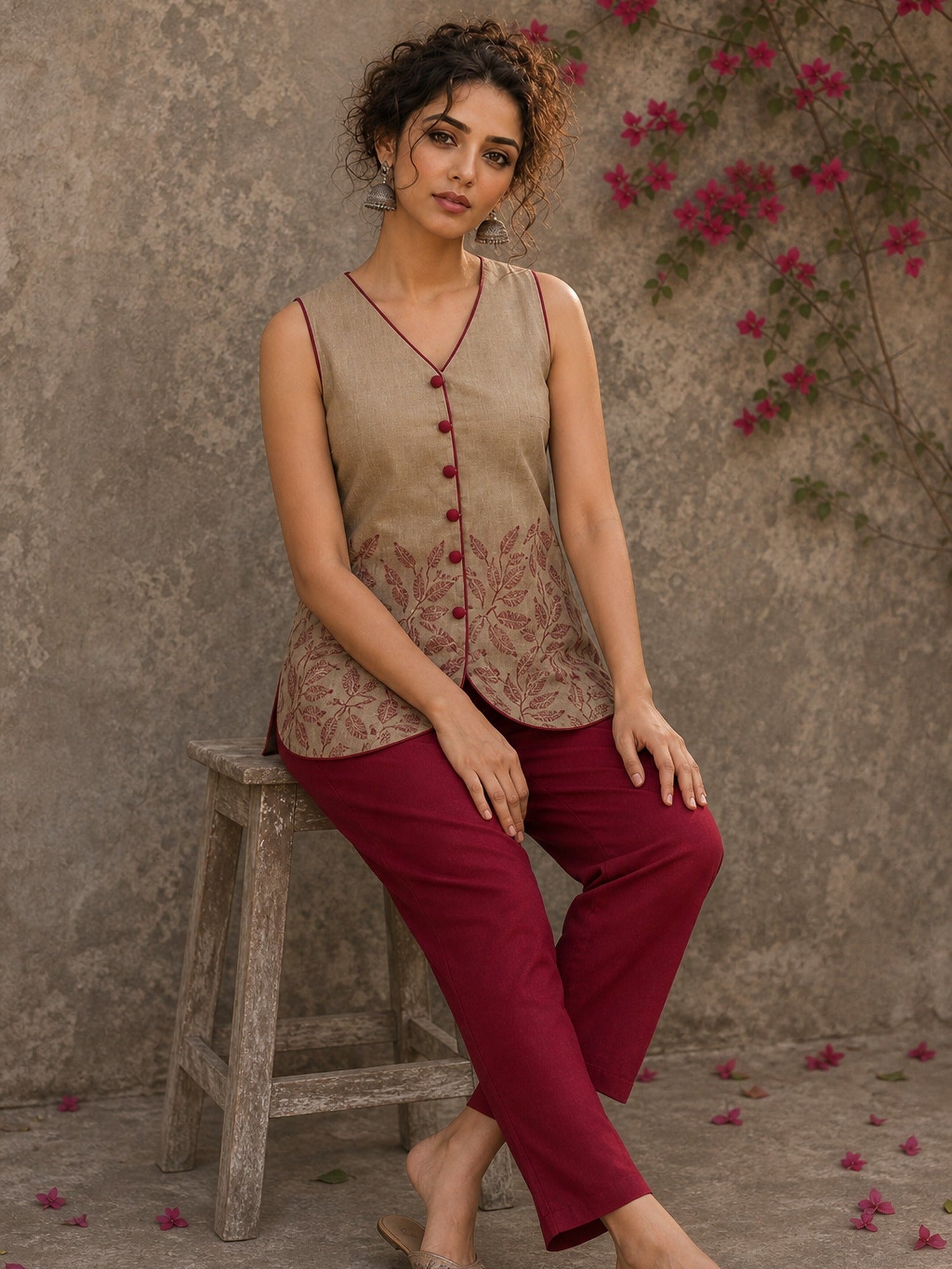 Sophisticated beige waist coat top showcasing refined leaf block print motifs, a polished button-down front, and elegant red piping for artisanal style.