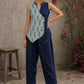 Indigo fish-print crossover sleeveless top featuring a mirror-laced Mandarin collar and beautifully scalloped cut hem.