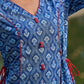 Indigo Printed A-Line Kurta with Waist-Defining Side Strings and Maroon Detailing