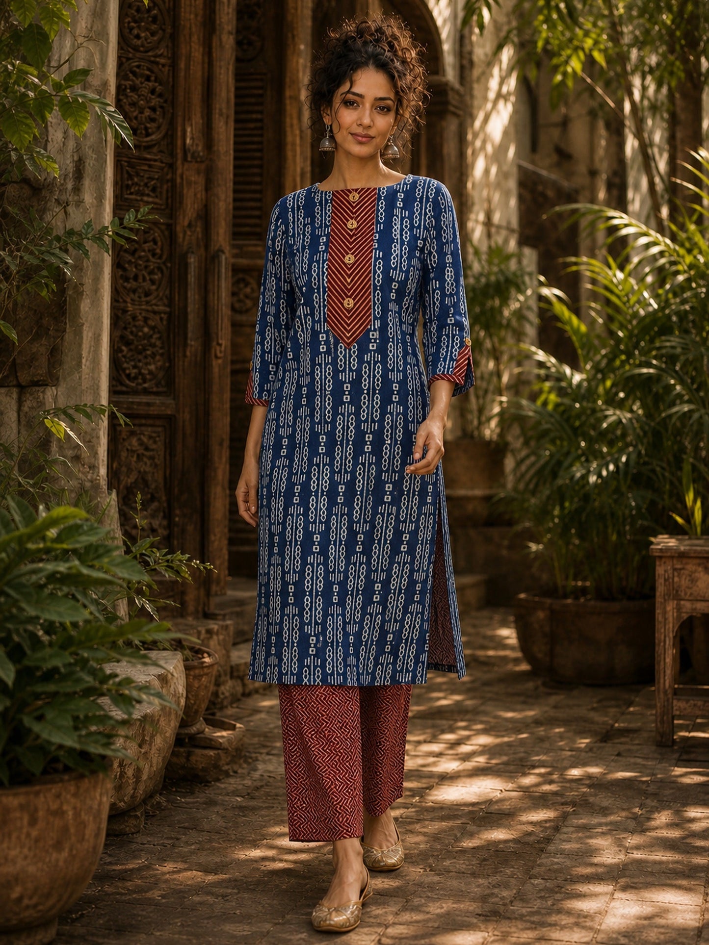 Indigo Dabu Print Kurta with Contrast Ajrakh Rust Chevron V-Placket & Matching Cuff Detail