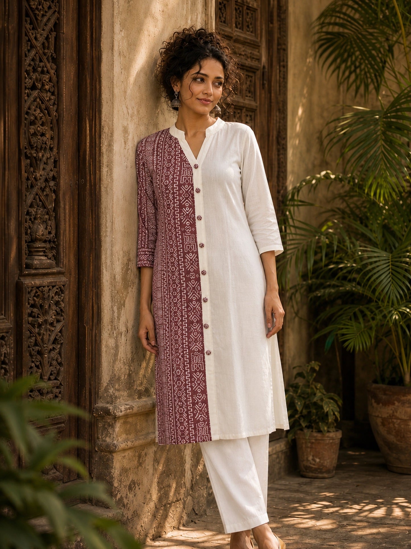 Vivid Dusty Pink & Ivory Half & Half Kurta with Tribal Print Panel & Contrast Button Placket