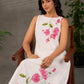 White and pink bougainvillea printed statement dress with pearl embellishments and pink accents