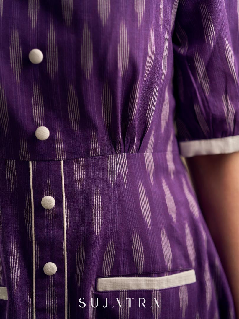 Purple Ikat dress with a notch collar, softly gathered sleeves, crisp white accents, a gently gathered upper waist, and functional slip-in pockets.
