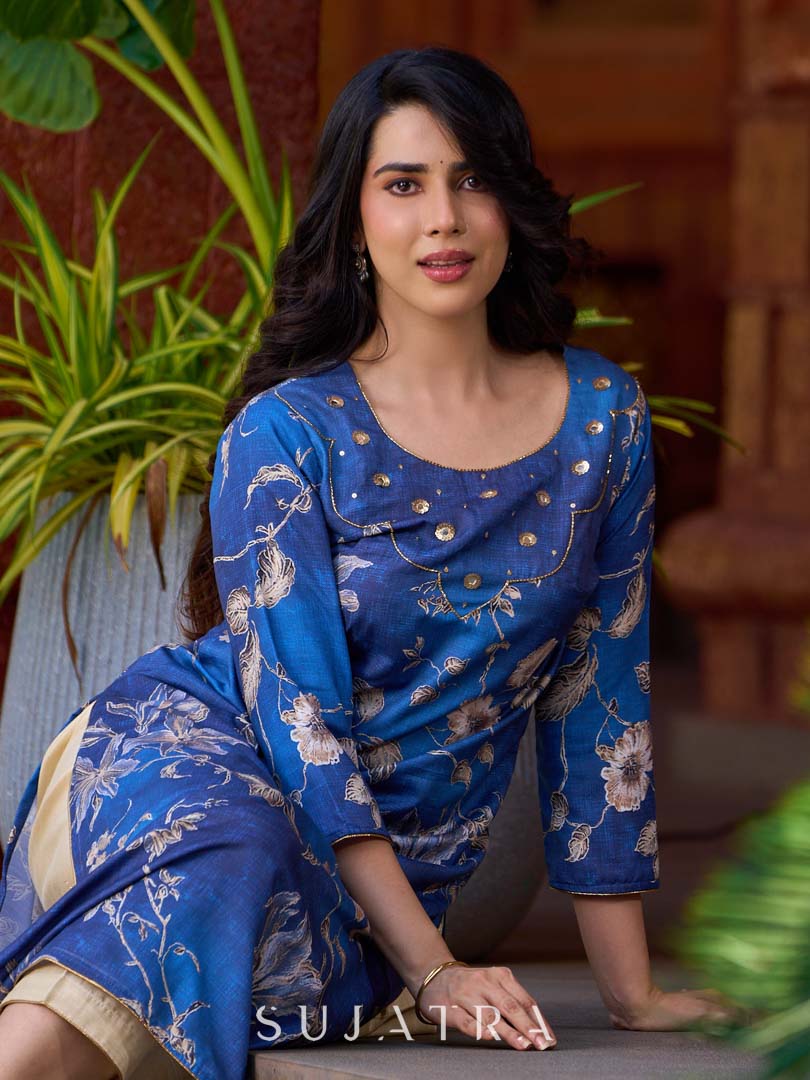 Statement royal blue printed kurta elevated with a sculpted scallop neck panel and shimmering sequins handwork