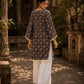 Navy Blue Floral Print Short Kurta with White Hakoba V-Neck Trim & Bell Sleeves