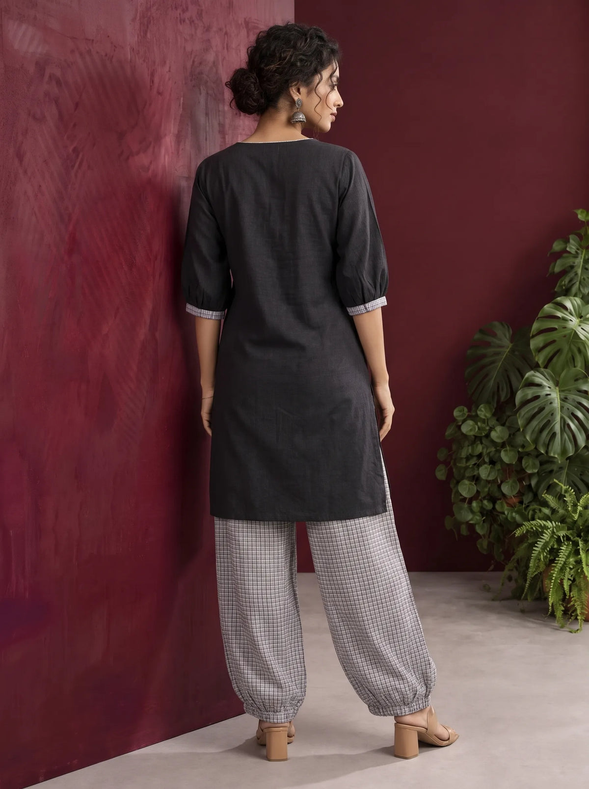Classic Black Cotton Tunic Co-ord Set with Checkered Cuffs and Button Detail V-Neck paired with Coordinated Checkere — view 4