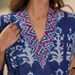 Indigo Floral Kurta with Playful Stripe Print and Magenta Hand Mirror Work on Overlapping Neckline