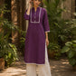 Deep Purple Kurta with White Crochet Lace Yoke Border & Sleeve Cuff Detail