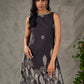 Black digital printed sleeveless dress with straight printed strip neckline and beige accents