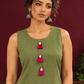 Sage Green Cotton Co-Ord Set with Pink Tassel Shell Buttons and Lace Trim Farshi Salwar — fabric detail