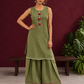 Sage Green Cotton Co-Ord Set with Pink Tassel Shell Buttons and Lace Trim Farshi Salwar — front view
