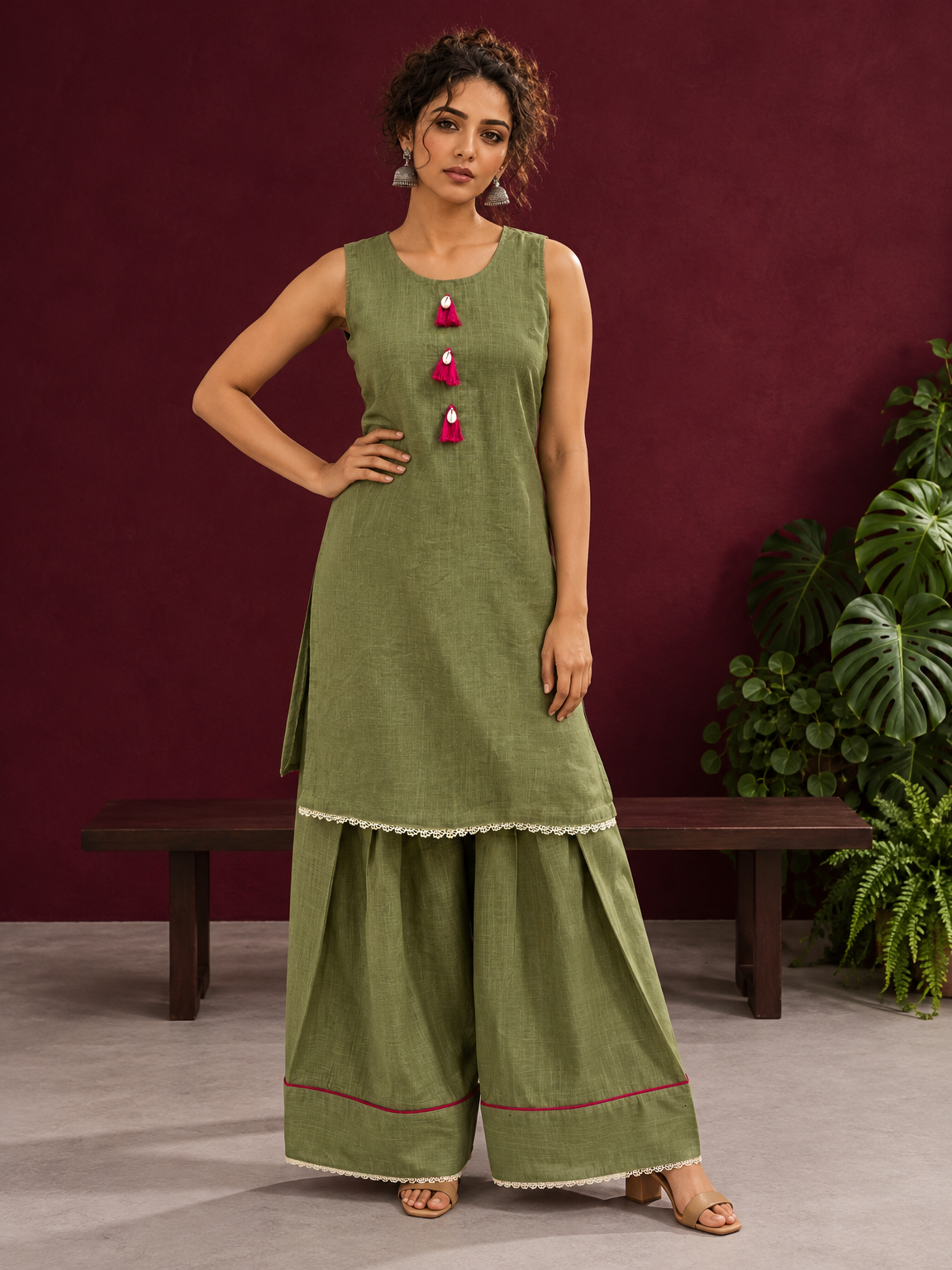 Sage Green Cotton Co-Ord Set with Pink Tassel Shell Buttons and Lace Trim Farshi Salwar — front view