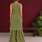 Sage Green Cotton Co-Ord Set with Pink Tassel Shell Buttons and Lace Trim Farshi Salwar — back view