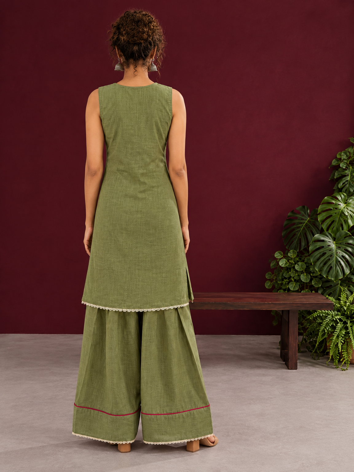 Sage Green Cotton Co-Ord Set with Pink Tassel Shell Buttons and Lace Trim Farshi Salwar — back view