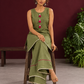 Sage Green Cotton Co-Ord Set with Pink Tassel Shell Buttons and Lace Trim Farshi Salwar — seated