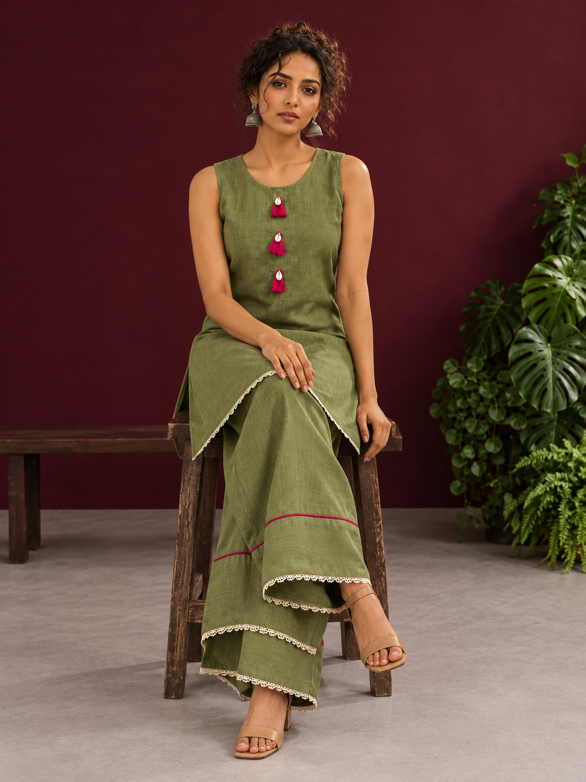 Sage Green Cotton Co-Ord Set with Pink Tassel Shell Buttons and Lace Trim Farshi Salwar — seated