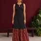 Black Sleeveless Keyhole Neck Tunic Co-Ord Set with Maroon Ajrakh Printed Cotton Farshi Salwar — front view