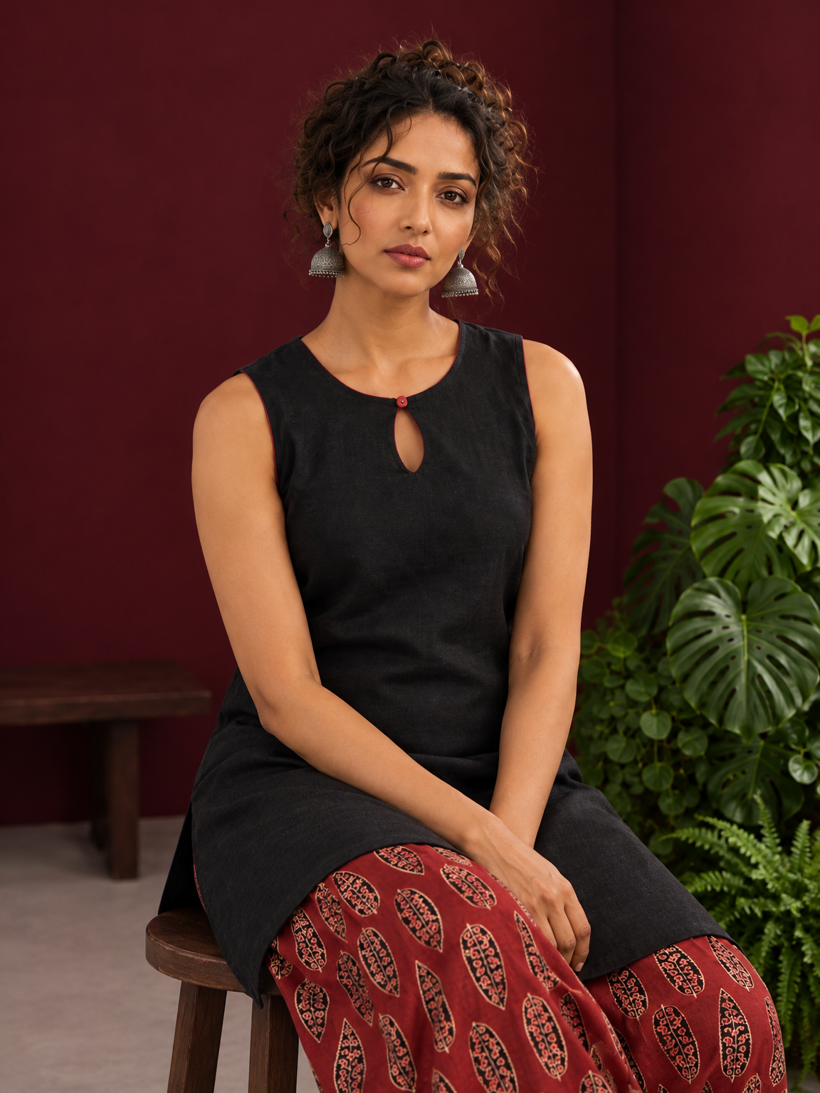 Black Sleeveless Keyhole Neck Tunic Co-Ord Set with Maroon Ajrakh Printed Cotton Farshi Salwar — seated detail