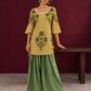 Mustard Yellow Striped Cotton Floral Printed Tunic Co-ord Set with Green Cotton Farshi Salwar — front view