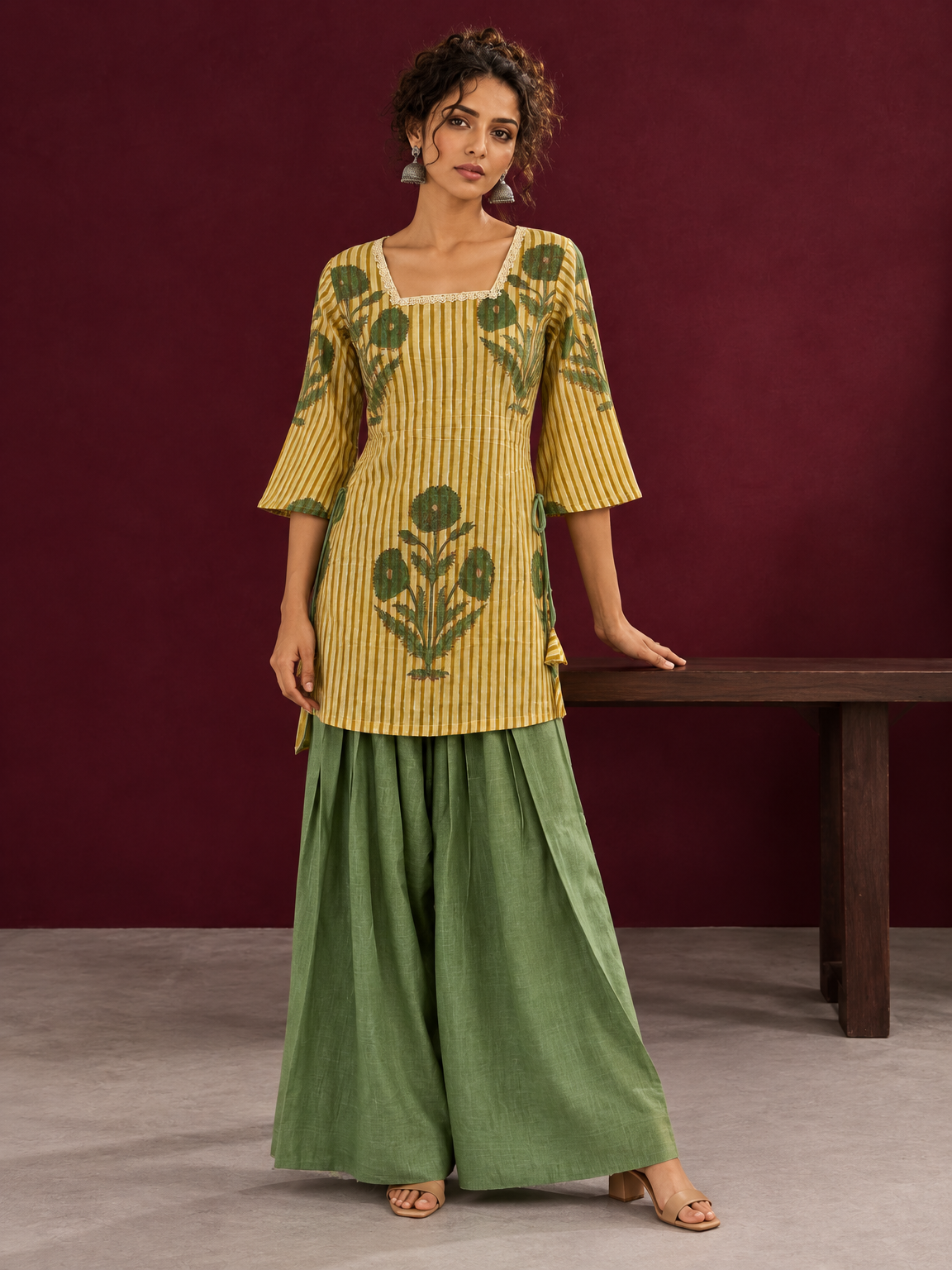 Mustard Yellow Striped Cotton Floral Printed Tunic Co-ord Set with Green Cotton Farshi Salwar — front view