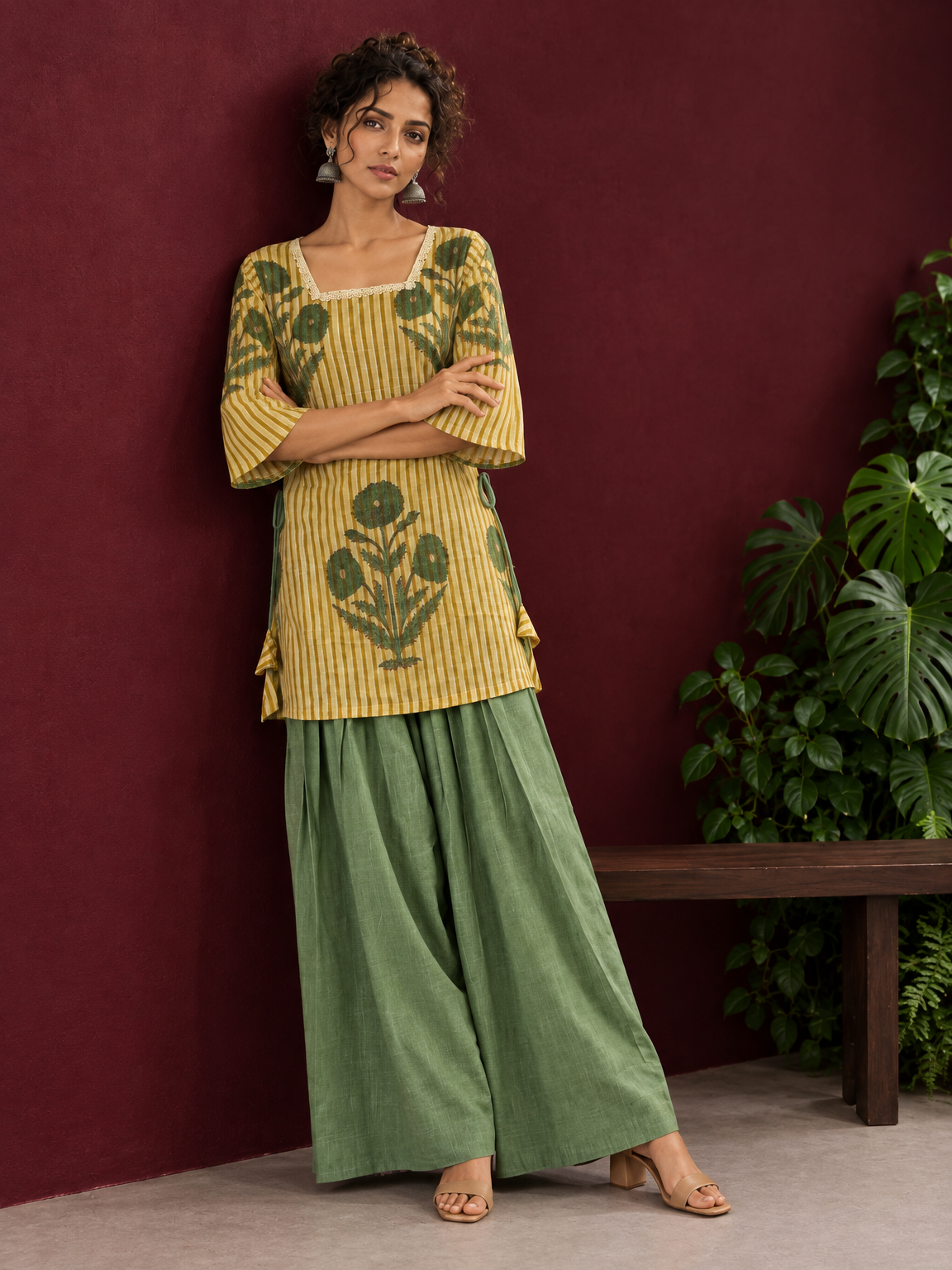 Mustard Yellow Striped Cotton Floral Printed Tunic Co-ord Set with Green Cotton Farshi Salwar — side view