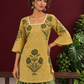 Mustard Yellow Striped Cotton Floral Printed Tunic Co-ord Set with Green Cotton Farshi Salwar — fabric detail
