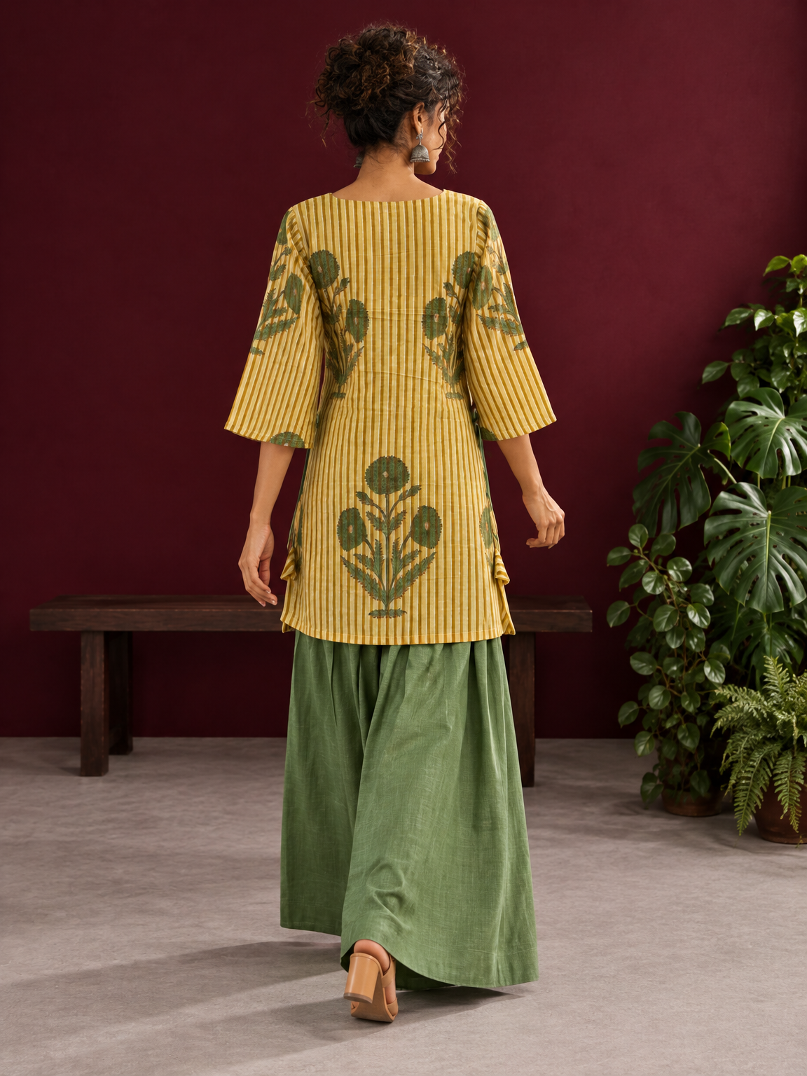 Mustard Yellow Striped Cotton Floral Printed Tunic Co-ord Set with Green Cotton Farshi Salwar — back view