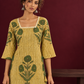Mustard Yellow Striped Cotton Floral Printed Tunic Co-ord Set with Green Cotton Farshi Salwar — styled view