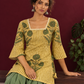 Mustard Yellow Striped Cotton Floral Printed Tunic Co-ord Set with Green Cotton Farshi Salwar — seated detail