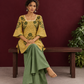 Mustard Yellow Striped Cotton Floral Printed Tunic Co-ord Set with Green Cotton Farshi Salwar — seated