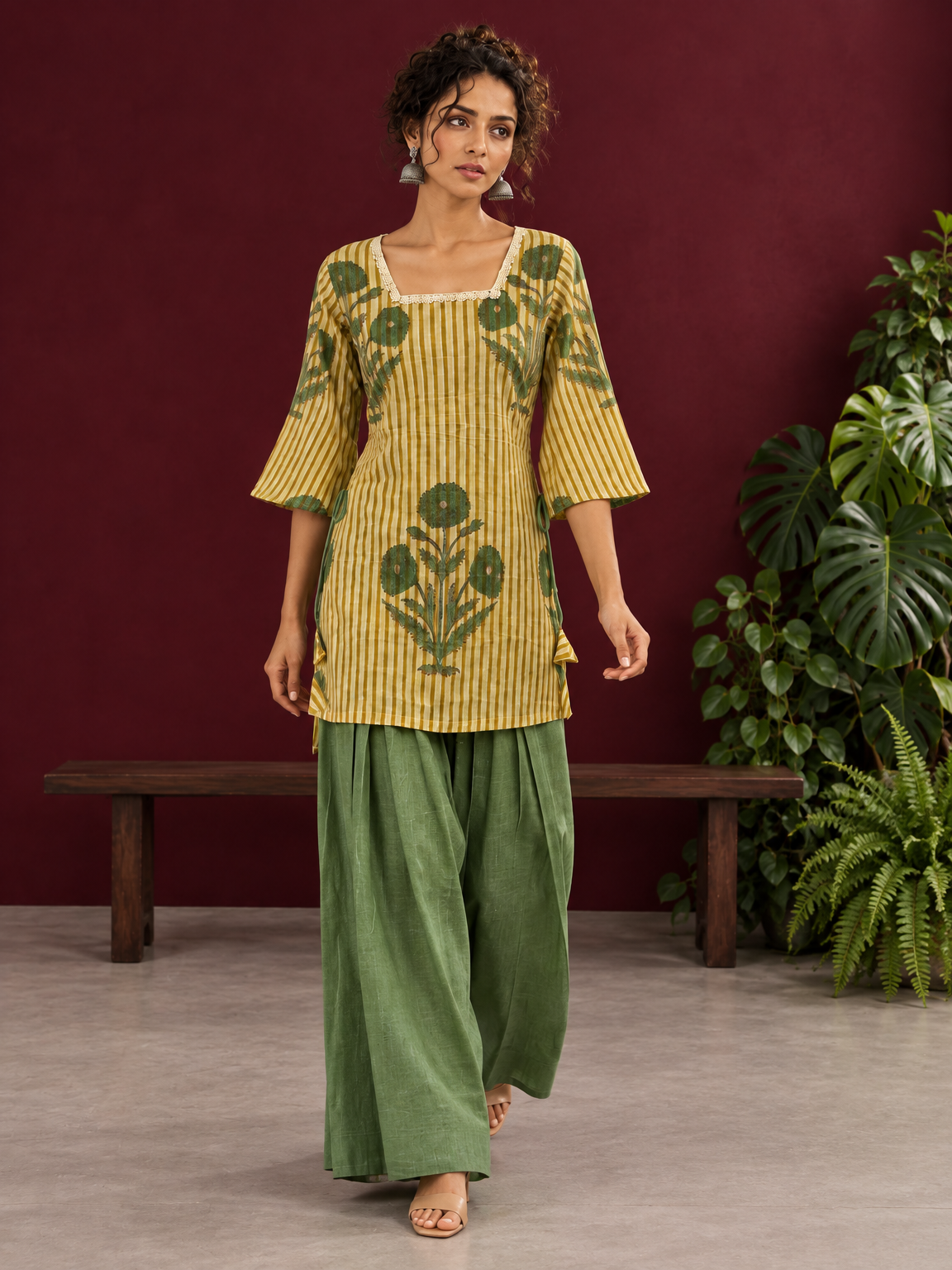 Mustard Yellow Striped Cotton Floral Printed Tunic Co-ord Set with Green Cotton Farshi Salwar — in motion