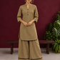 Classic Beige Cotton Co-Ord Set with Mandarin Collar Kurta and Lace Trim Straight Pants — front view