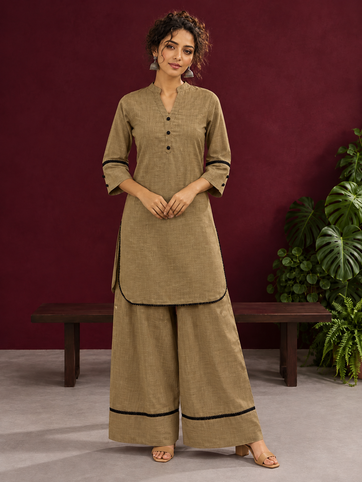 Classic Beige Cotton Co-Ord Set with Mandarin Collar Kurta and Lace Trim Straight Pants — front view