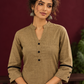 Classic Beige Cotton Co-Ord Set with Mandarin Collar Kurta and Lace Trim Straight Pants — fabric detail