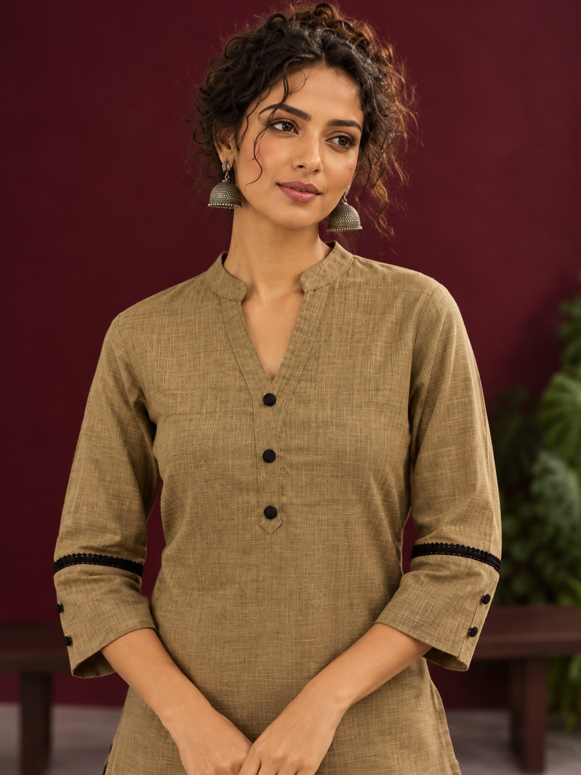 Classic Beige Cotton Co-Ord Set with Mandarin Collar Kurta and Lace Trim Straight Pants — fabric detail