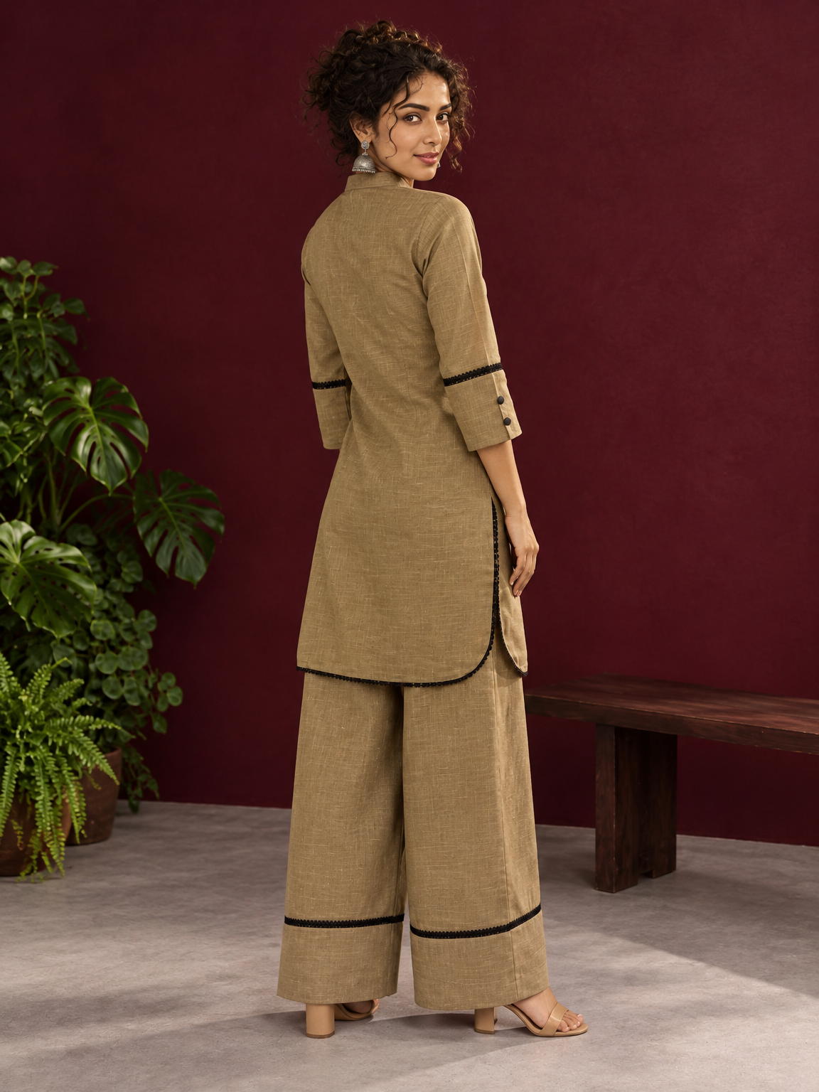 Classic Beige Cotton Co-Ord Set with Mandarin Collar Kurta and Lace Trim Straight Pants — back view