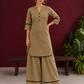 Classic Beige Cotton Co-Ord Set with Mandarin Collar Kurta and Lace Trim Straight Pants — side view