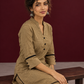 Classic Beige Cotton Co-Ord Set with Mandarin Collar Kurta and Lace Trim Straight Pants — seated detail