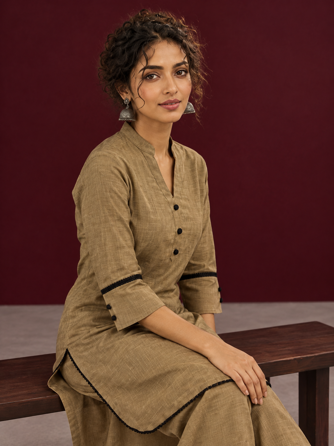 Classic Beige Cotton Co-Ord Set with Mandarin Collar Kurta and Lace Trim Straight Pants — seated detail