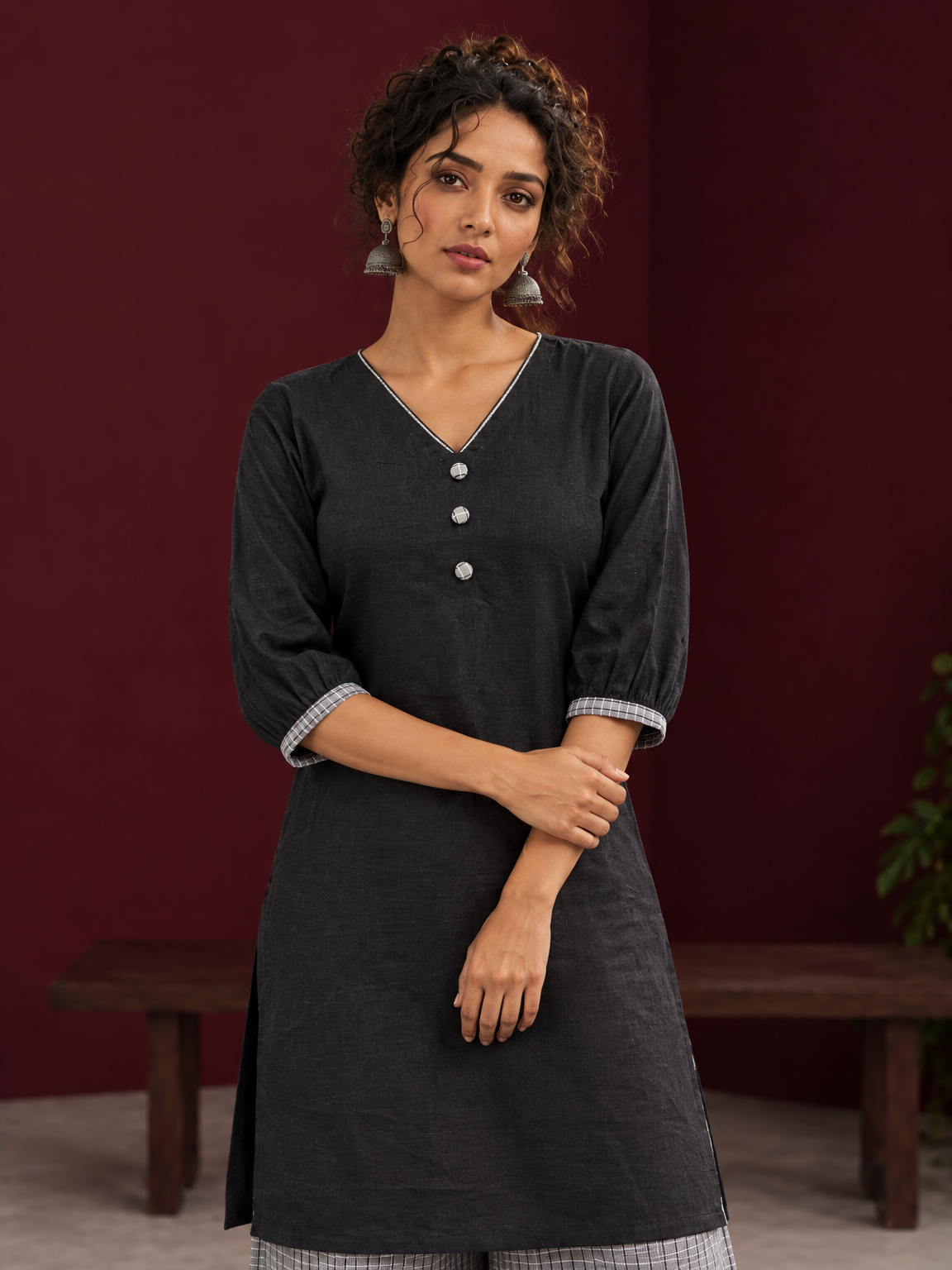 Classic Black Cotton Tunic Co-ord Set with Checkered Cuffs and Button Detail V-Neck paired with Coordinated C — fabric detail