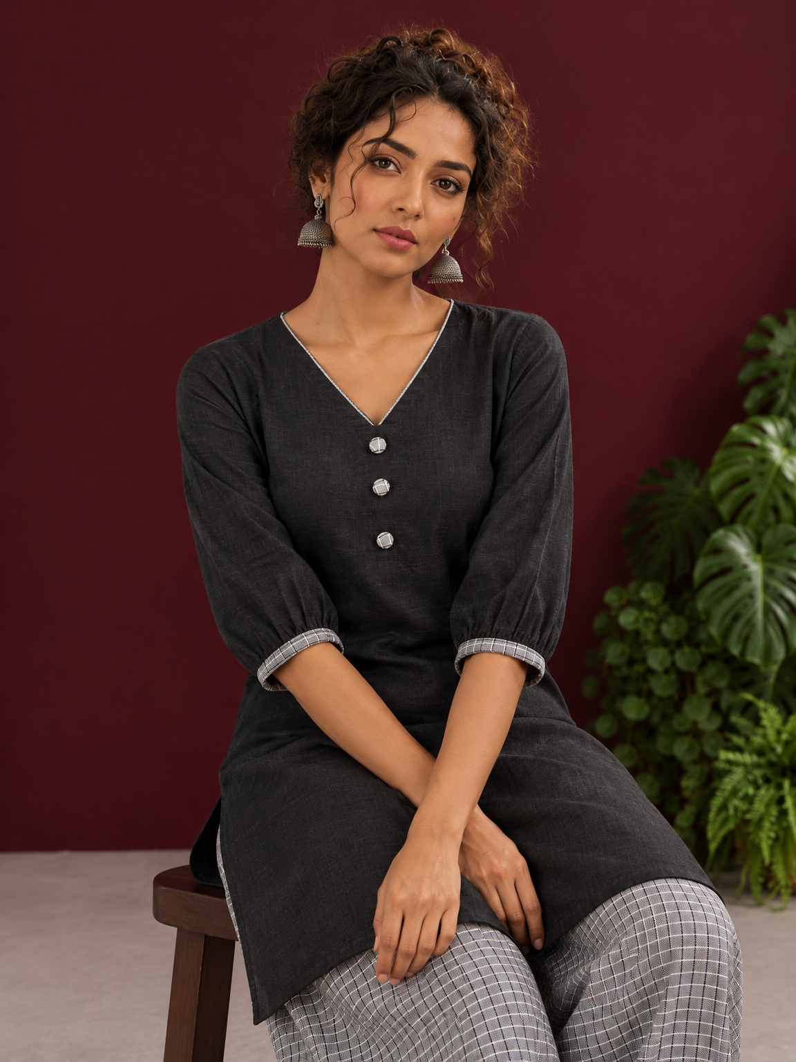 Classic Black Cotton Tunic Co-ord Set with Checkered Cuffs and Button Detail V-Neck paired with Coordinated C — seated detail