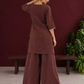 Brown Cotton Co-Ord Set with Contrast Cream Kantha Neckline & Cowrie Shell Tassels with Straight Fit Pant — back view