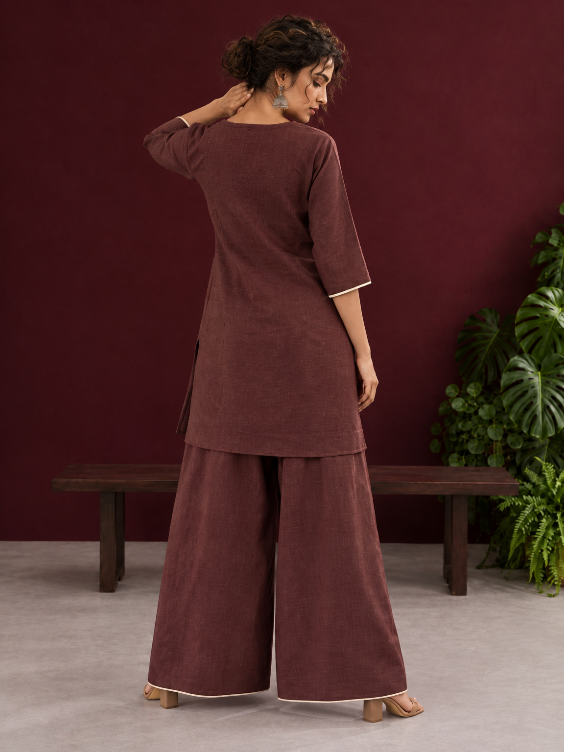 Brown Cotton Co-Ord Set with Contrast Cream Kantha Neckline & Cowrie Shell Tassels with Straight Fit Pant — back view