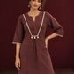 Brown Cotton Co-Ord Set with Contrast Cream Kantha Neckline & Cowrie Shell Tassels with Straight Fit Pant — fabric detail