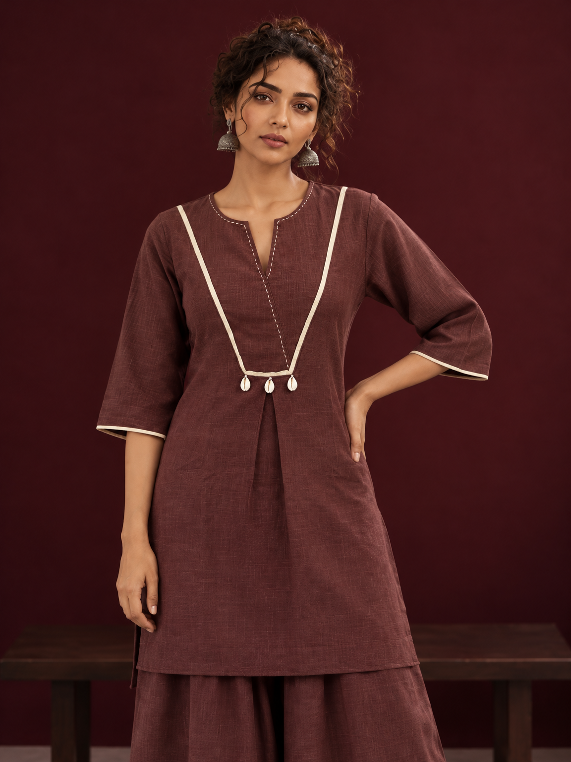 Brown Cotton Co-Ord Set with Contrast Cream Kantha Neckline & Cowrie Shell Tassels with Straight Fit Pant — fabric detail