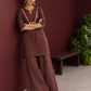 Brown Cotton Co-Ord Set with Contrast Cream Kantha Neckline & Cowrie Shell Tassels with Straight Fit Pant — side view