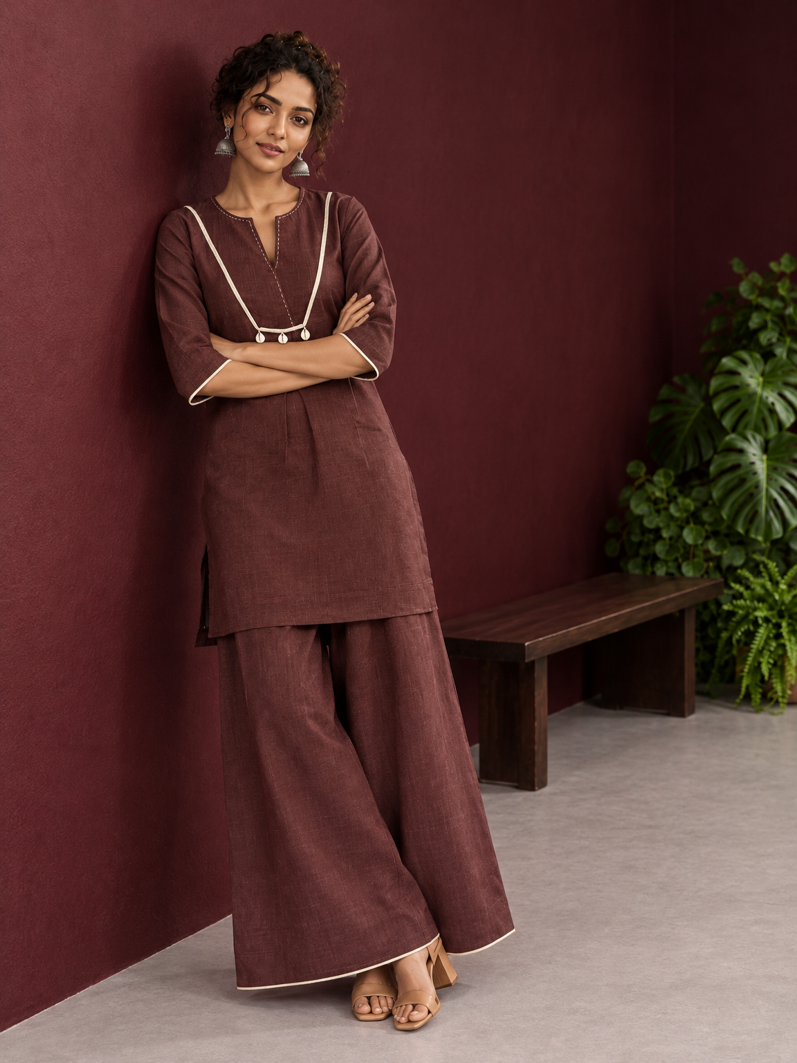 Brown Cotton Co-Ord Set with Contrast Cream Kantha Neckline & Cowrie Shell Tassels with Straight Fit Pant — side view