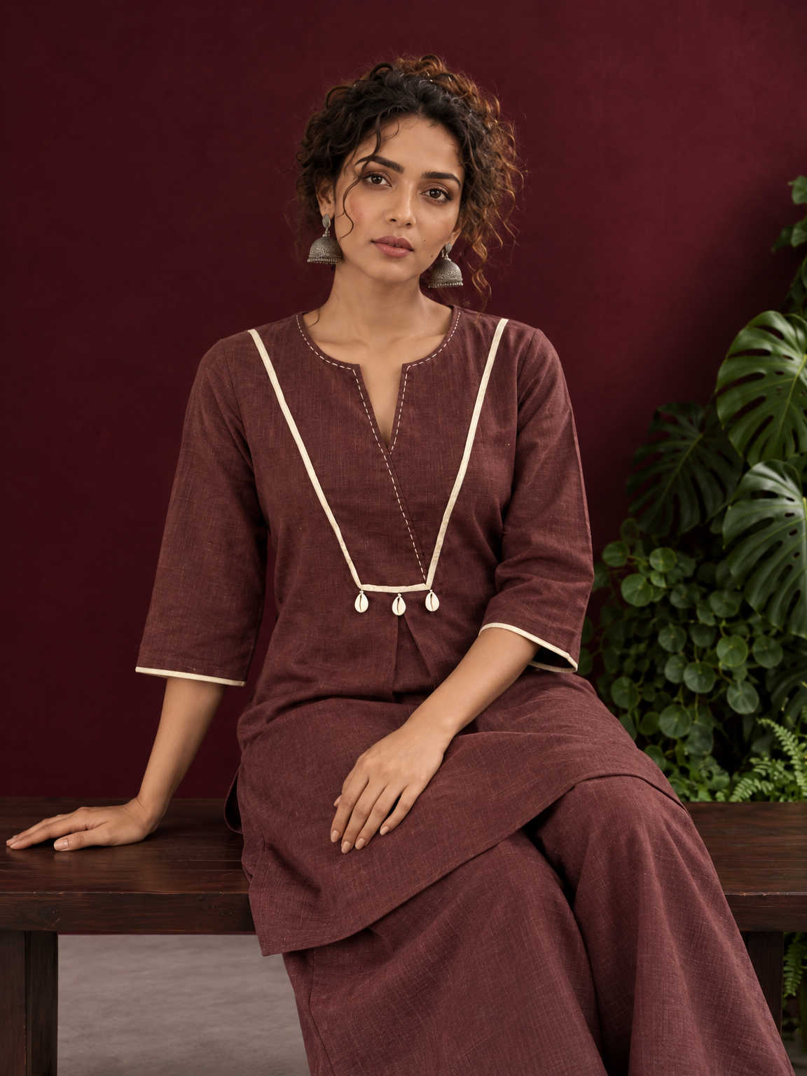 Brown Cotton Co-Ord Set with Contrast Cream Kantha Neckline & Cowrie Shell Tassels with Straight Fit Pant — seated detail